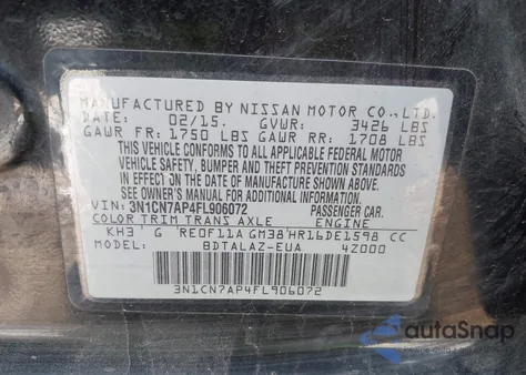 2015 Nissan Versa 1.6 S+ z USA, uszkodzony, nr VIN 3N1CN7AP4FL906072